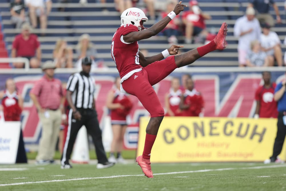 MOBILE, AL - SEPTEMBER 01: South Alabama Jaguars place kicker Corliss Waitman (87) punts in the first quarter during the South Alabama game versus Louisiana Tech on September 1, 2018, at Ladd-Peebles Stadium, Mobile, AL. (Photo by Bobby McDuffie/Icon Sportswire)