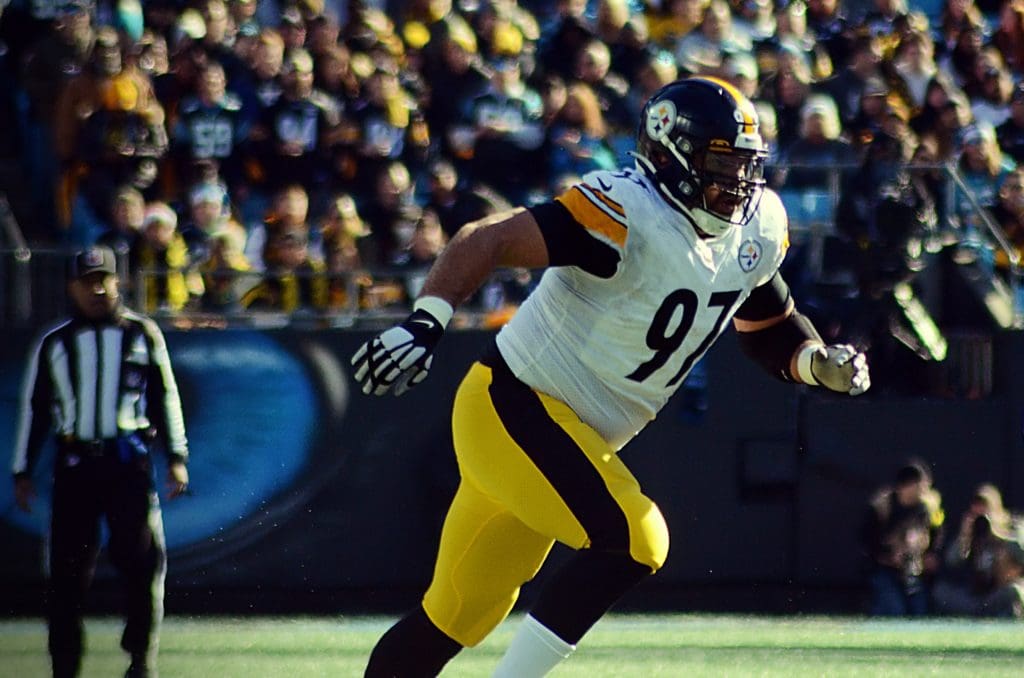 Cam Heyward chases after the ball as the Steelers played against the Carolina Panthers on Sunday, Dec. 18, 2022 at Bank of America Stadium in Charlotte. (Mitchell Northam / Steelers Now)