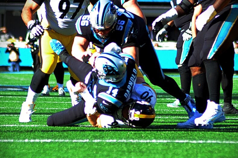 TJ Watt sacks Sam Darnold as the Steelers played against the Carolina Panthers on Sunday, Dec. 18, 2022 at Bank of America Stadium in Charlotte. (Mitchell Northam / Steelers Now)