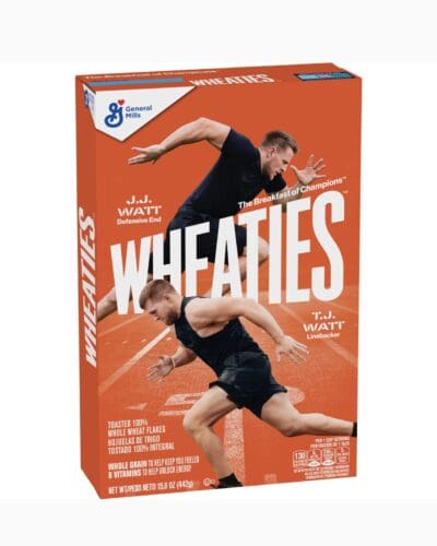 T.J. and J.J. Watt on the front of Wheaties Cereal Box