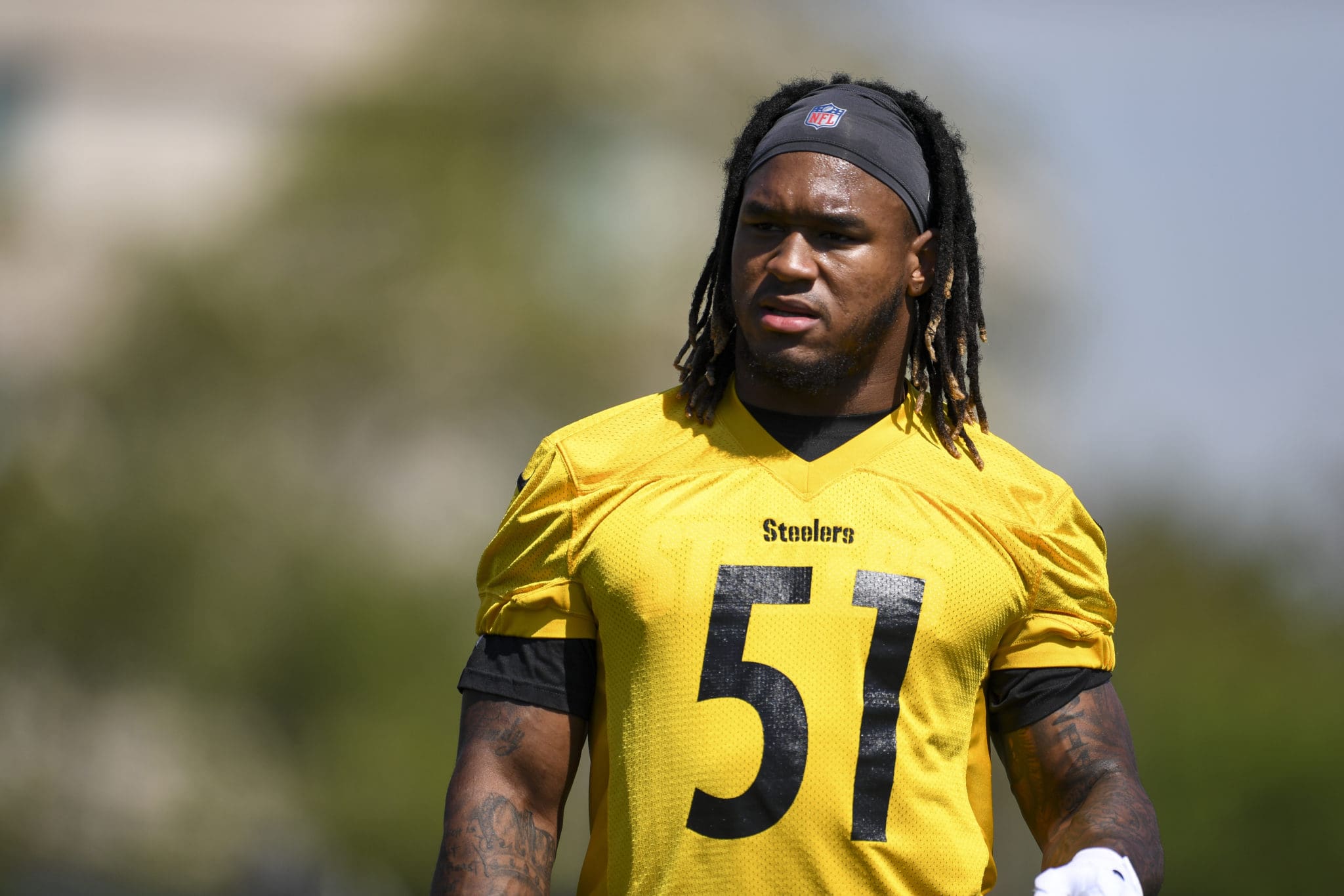 Pittsburgh Steelers linebacker Buddy Johnson (45) warms up before a  preseason NFL football game, Sunday, Aug. 28, 2022, in Pittsburgh, PA. (AP  Photo/Matt Durisko Stock Photo - Alamy