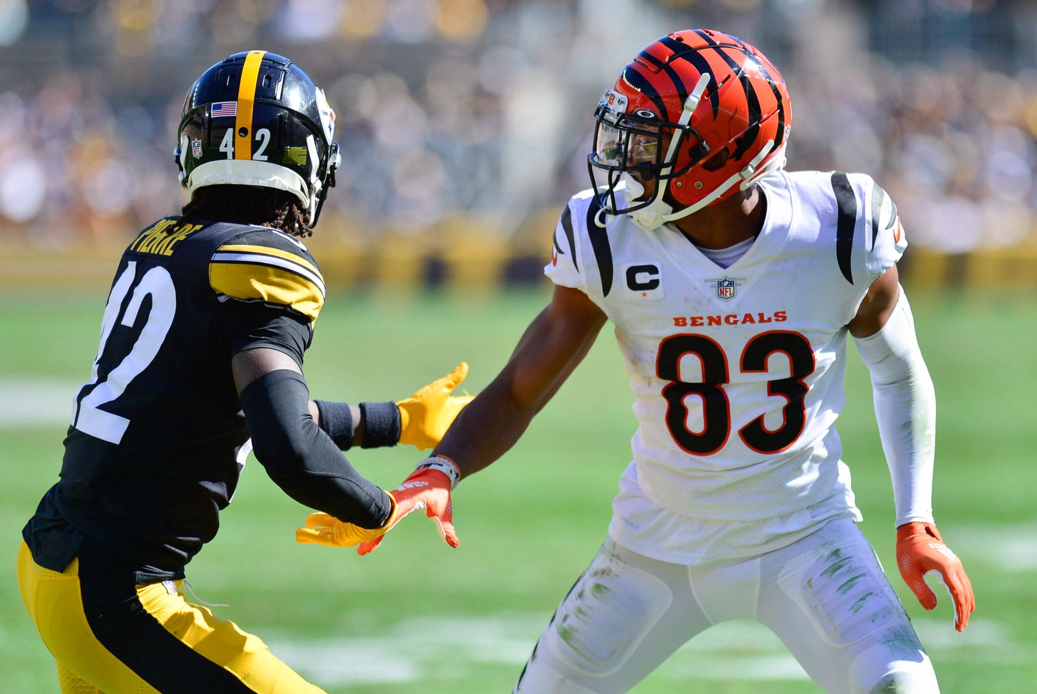 Cincinnati Bengals wide receiver Tyler Boyd (83) celebrates a touchdown  reception during the second half of an NFL football game against the  Pittsburgh Steelers, Sunday, Sept. 11, 2022, in Cincinnati. (AP Photo/Joshua