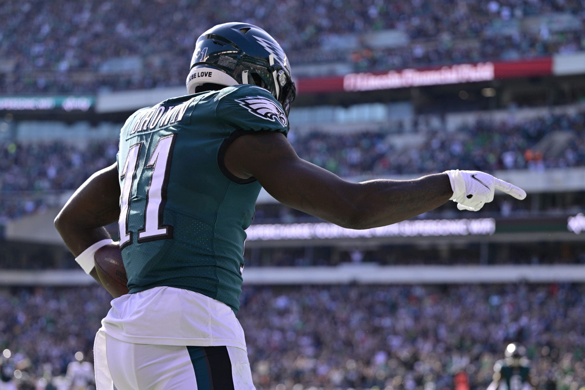 Philadelphia Eagles' A.J. Brown in action during an NFL football