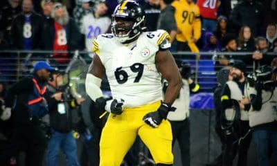 Steelers offensive line Kevin Dotson celebrates a touchdown as the Steelers face the Ravens on Jan. 1, 2022 in Baltimore. (Mitchell Northam / Steelers Now)