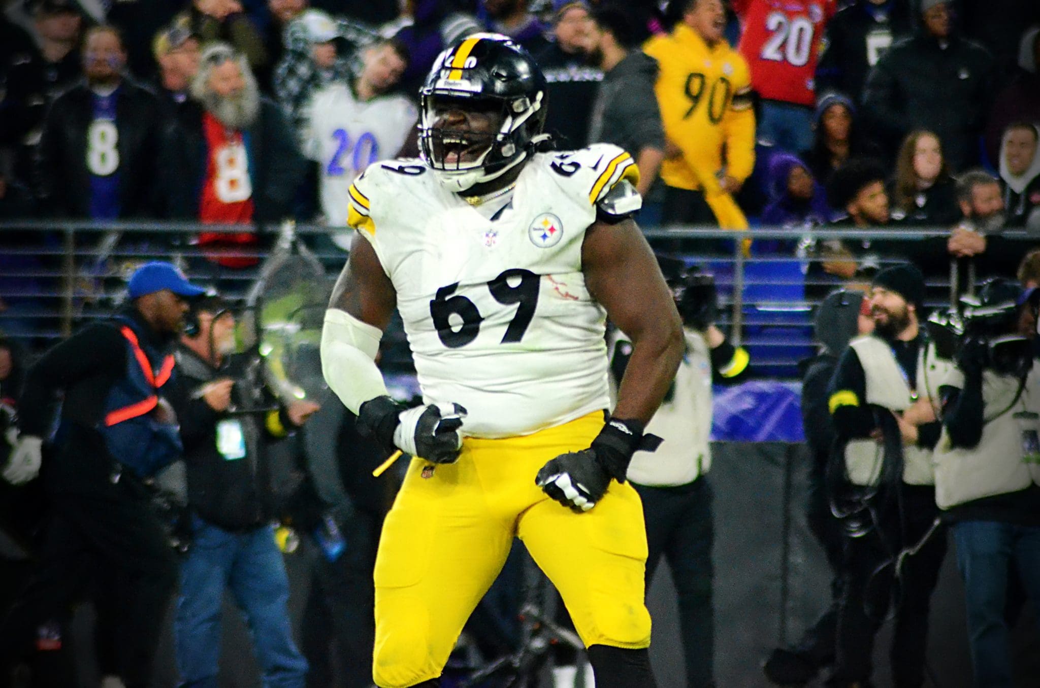 Jan 1, 2023; Baltimore, Maryland, USA; Pittsburgh Steelers guard Kevin Dotson (69) reacts after the team scores a touchdown against the Baltimore Ravens during the second half at M&T Bank Stadium. Mandatory Credit: Jessica Rapfogel-USA TODAY Sports (Los Angeles Rams)