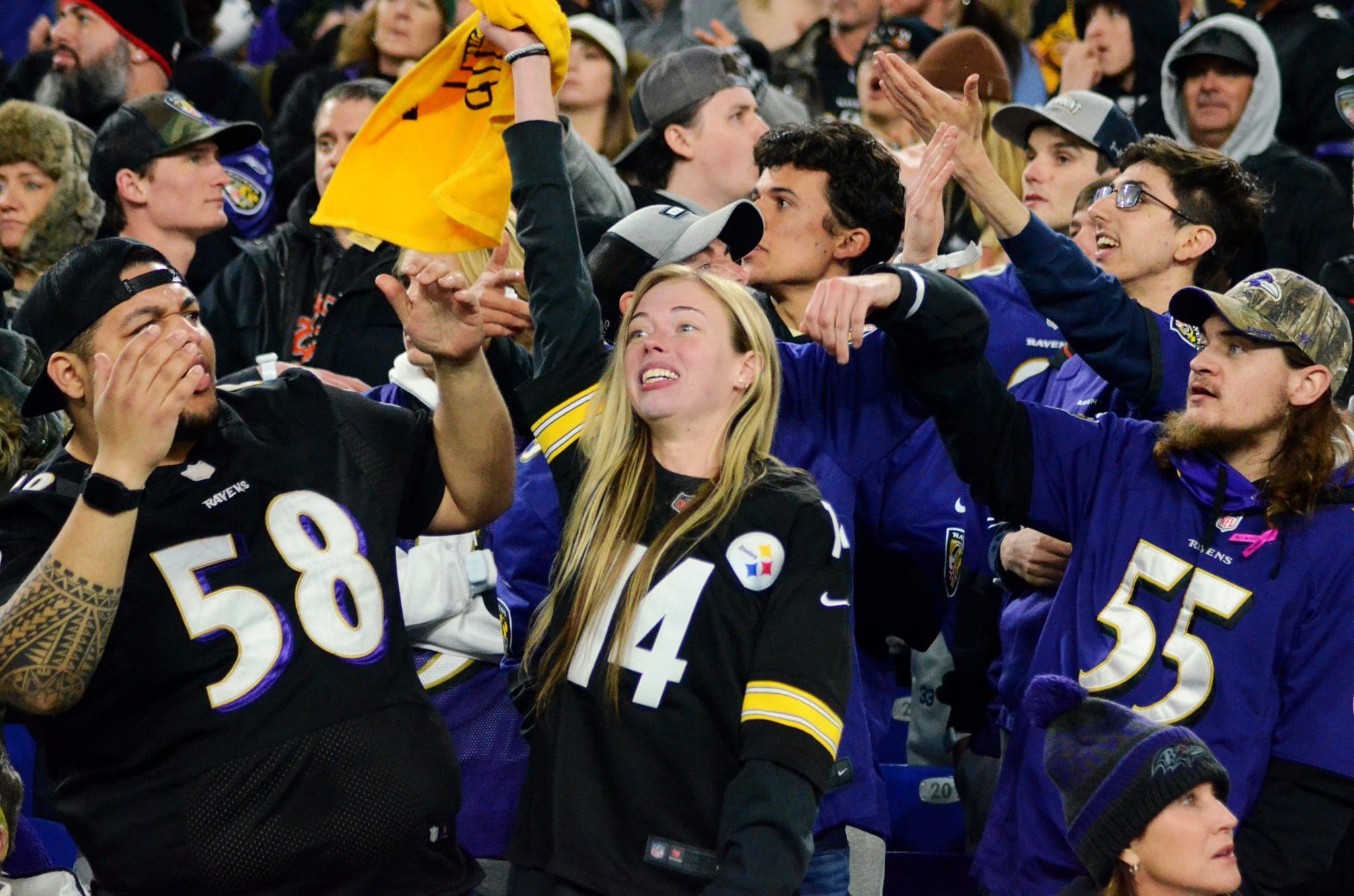 Fans celebrate as the Steelers face the Ravens on Jan. 1, 2022 in Baltimore. (Mitchell Northam / Steelers Now)