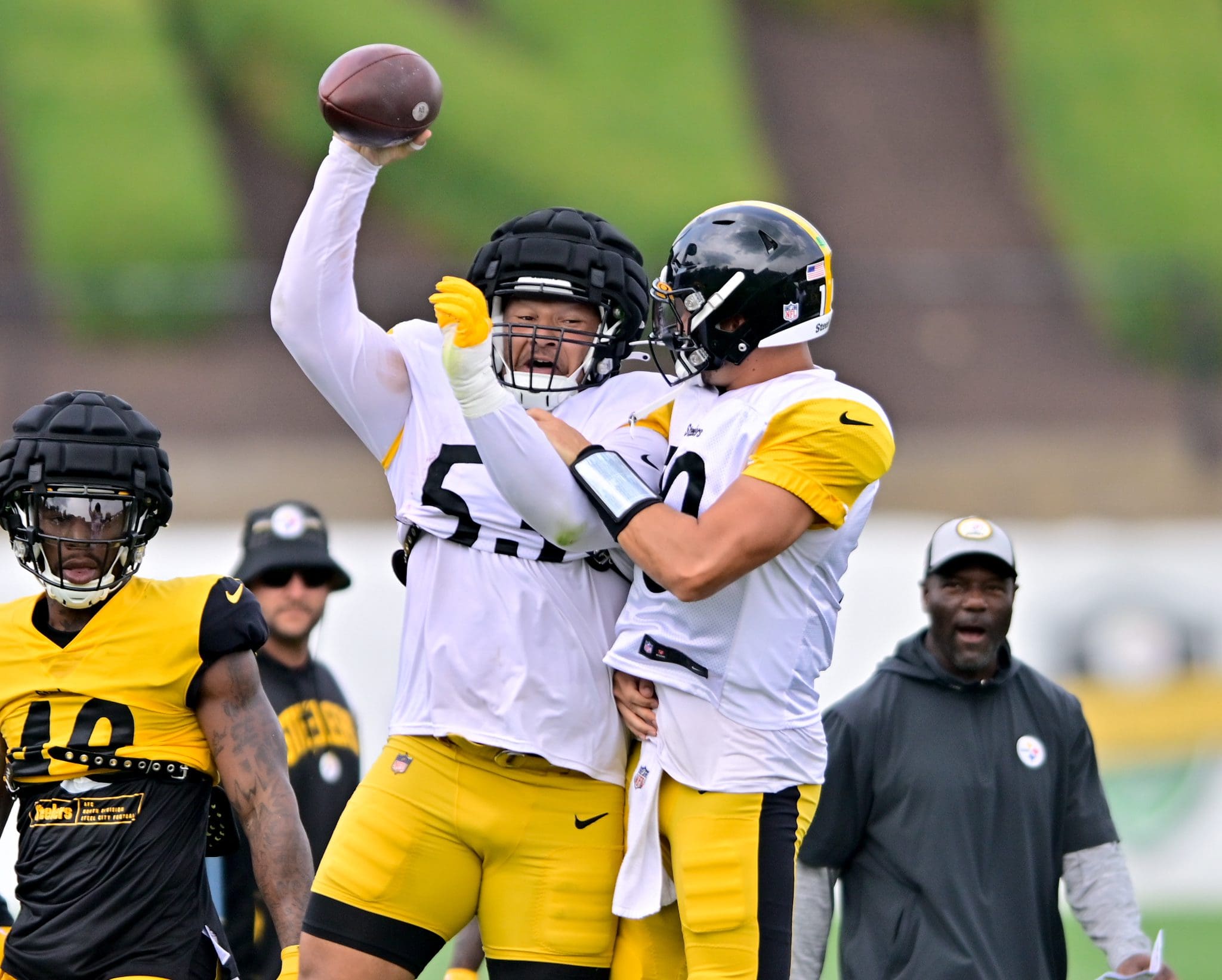 Pittsburgh Steelers wide receiver Miles Boykin (13) warms up wearing a  patch on his uniform for the 50th anniversary of the Immaculate Reception  before an NFL football game against the Las Vegas